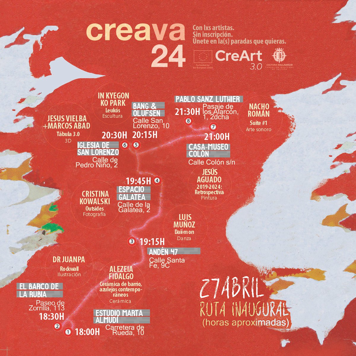 Acabamos de presentar en #GaleríasVA el cartel de artistas y expos de #CreaVA24 💚❤️ Os esperamos en las rutas de inauguración con la presencia de los artistas y actuaciones en directo, viernes 26 y sábado 27 de abril. No es necesaria inscripción. INFO👇 creart2-eu.org/creava/2024/pr…