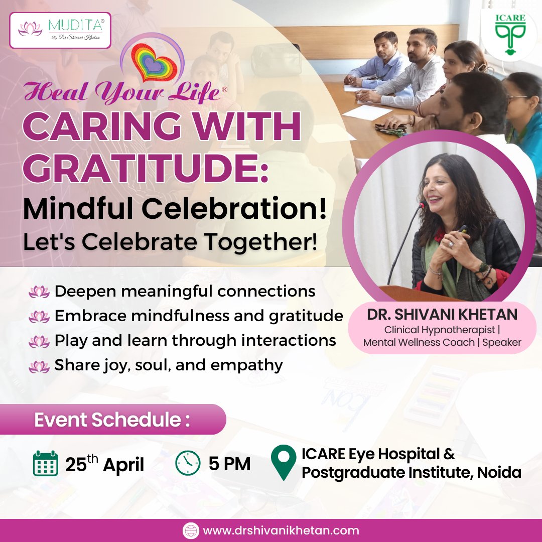 Join us for a mindful celebration at ICARE Eye Hospital & Postgraduate Institute this April 25th!🕰️ 5 PM - Be there to care with gratitude! #MindfulCelebration #TogetherInGratitude

#caringwithgratitude #mindfulcelebration #connectdeeply #drshivanikhetan #mudita #experiencingjoy