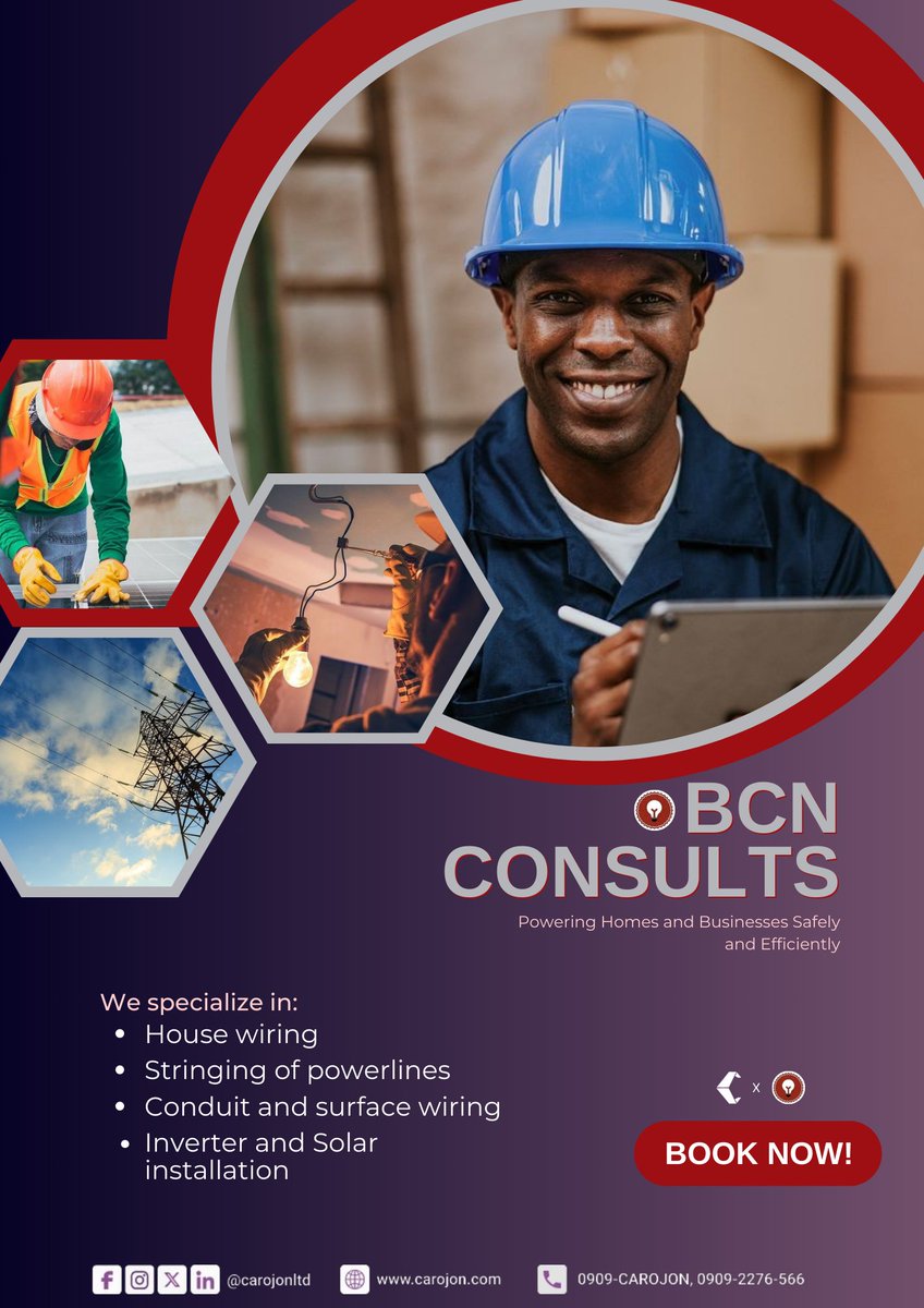 Carojonltd's tweet photo. We're electrified to announce that BCN Consults has joined the Carojon family!

From expert house wiring to top-notch solar installations, they ensure your home and office operates efficiently and safely

To contact BCN consults visit - https://t.co/9HzwuLDk1U https://t.co/bBHmYHM1Ys