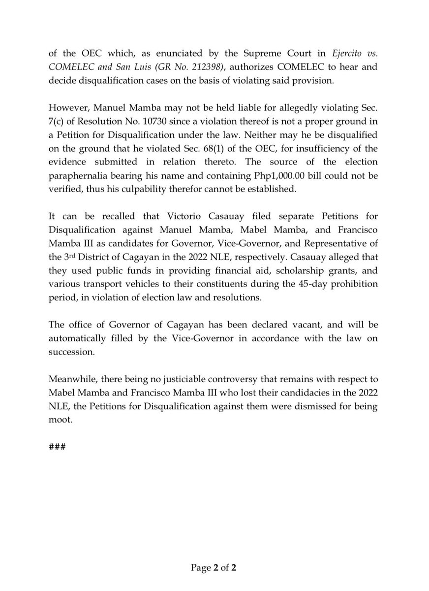 Press Statement re: COMELEC First Division Disqualifies Manuel Mamba as Cagayan Governor in relation to the 2022 NLE #COMELEC #NLE2022 #2022NLE