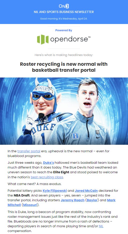 In today's @On3NIL and Sports Biz Newsletter – powered by @Opendorse – we cover: +Roster recycling is new normal in basketball +DJ Burns continues to take advantage of Final Four run +NIL Deal Tracker Read for FREE >> t.ly/HB959 Signup >> t.ly/Q6wrk