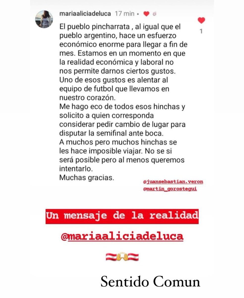 🇦🇹📱 Juan Sebastián Verón en Instagram: 'Sentido común'. El Presidente de #EDLP reposteó el mensaje de una hincha de Estudiantes hablando sobre el partido de Boca.