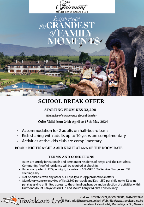 Pack your bags and embark on a memorable family holiday in the heart of Fairmont Mount Kenya Safari Club. Spend the break and cherish quality time together. 

Enjoy unbeatable rates for your dream getaway 

For bookings and inquiries contact us: +254733995303 / 0202226920