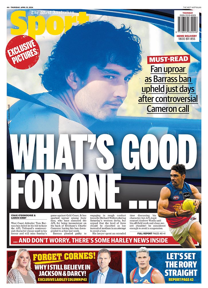 The back of tomorrow’s The West Australian. @TheWestSport @westaustralian @AnthDeCeglie