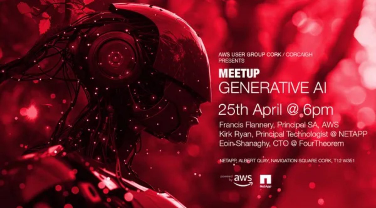 ⏰ AWS User Group Cork Ireland

… is hosting its next meetup at the @NetApp HQ tomorrow Thursday 25th April 2024 @ 6pm. meetup.com/aws-usergroup-…

Featuring Eoin Shanaghy from @fourtheorem, Brian Reid from @NetApp and Francis Flannery from @AWS_UKI 

@awscloud #AWSSummit #AWS