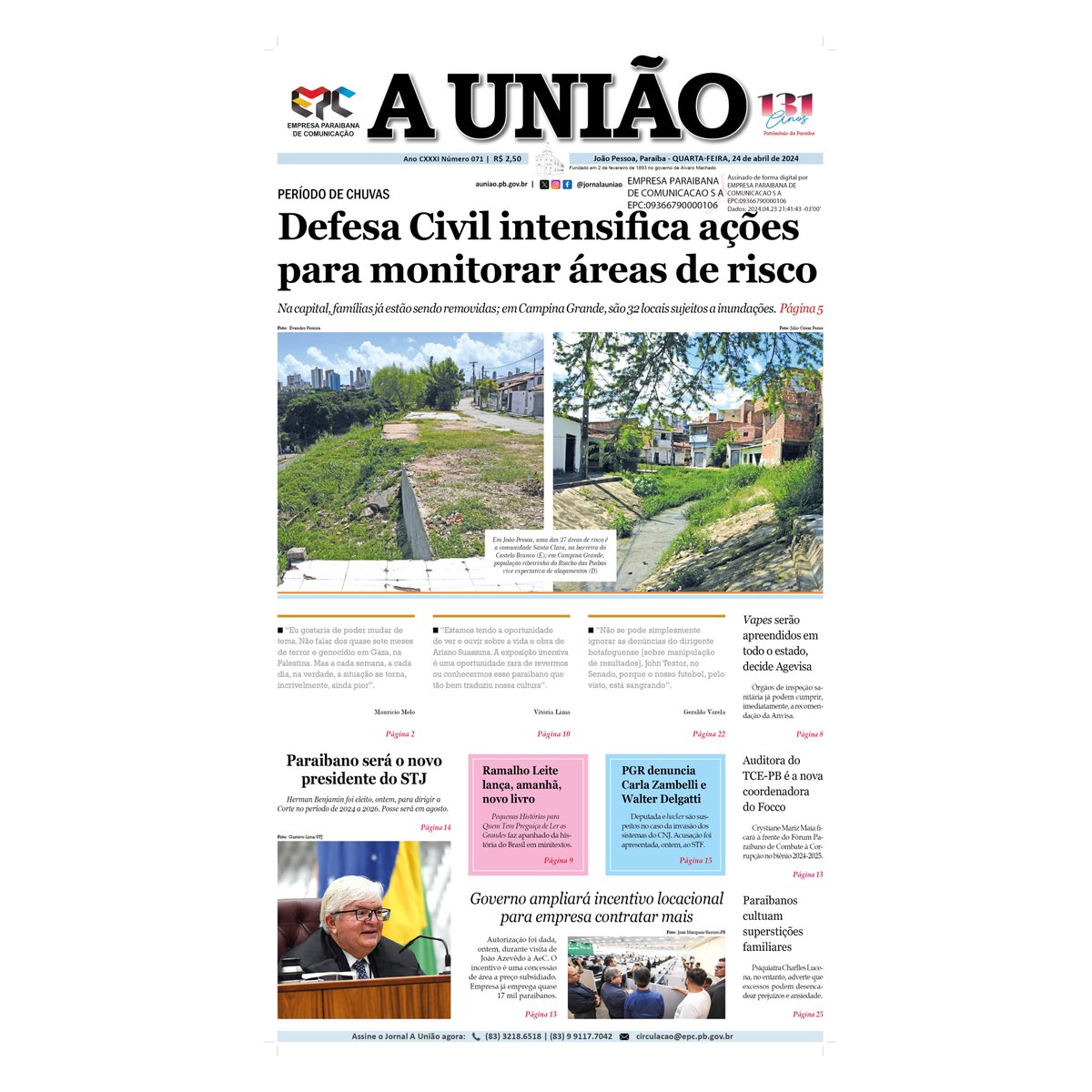 Bom dia! Confira os destaques da capa do jornal A União desta quarta-feira, 24 de abril de 2024: