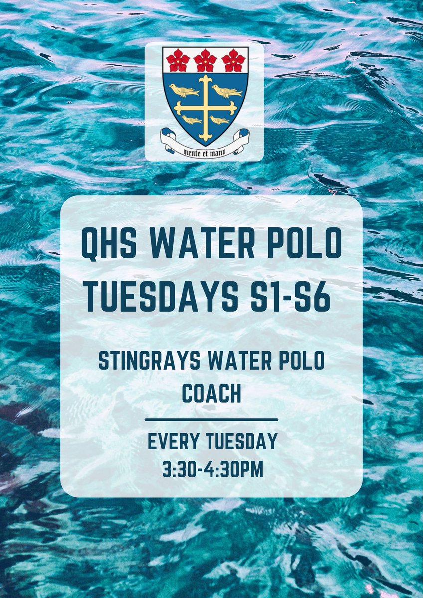 Exciting opportunity to get involved in water polo at QHS🏊. We have an Edinburgh Stingrays Water Polo Coach joining us from now until summer🏐. Tuesdays 3:30-4:30pm 🕞 Get involved!!🤩