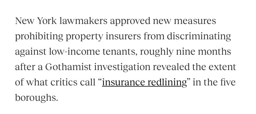 NEW: NY law now bans insurers from asking property owners about tenant income or if tenants use programs like Section 8 to help pay rent The new law also prohibits insurers from using that info to deny coverage or raise rates Story for @WNYC-@Gothamist: gothamist.com/news/new-york-…