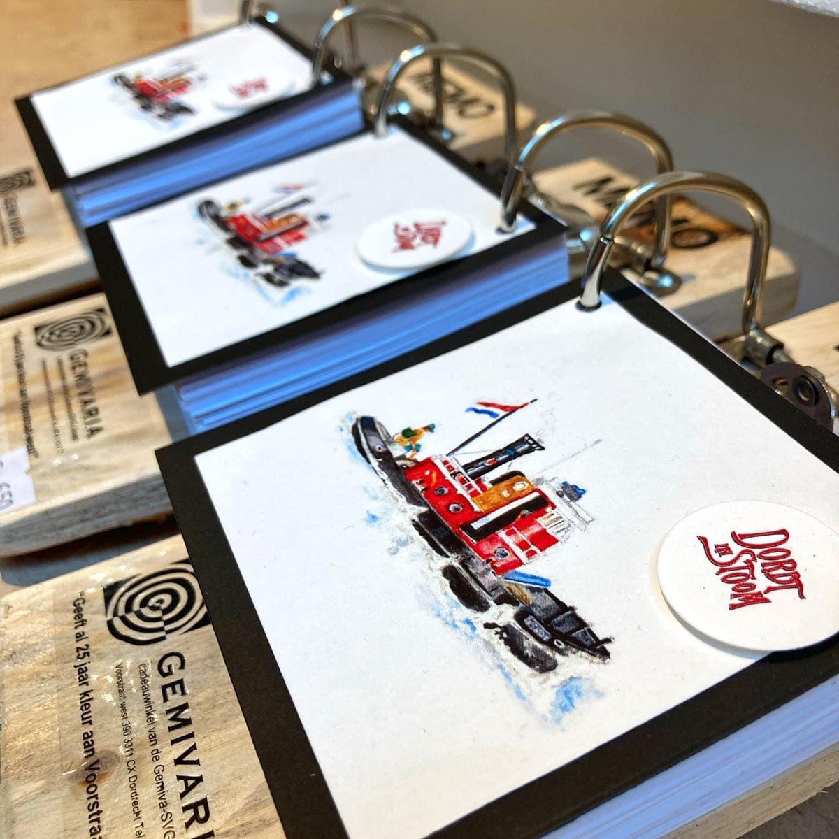 Dordts Stoomtalent! 
Bij cadeauwinkel Gemivaria aan de Voorstraat 390 maakt één van de cliënten deze prachtige aquarel schilderingen. Notitieblokken, kaarsen, blikken of labels; niks is te gek.