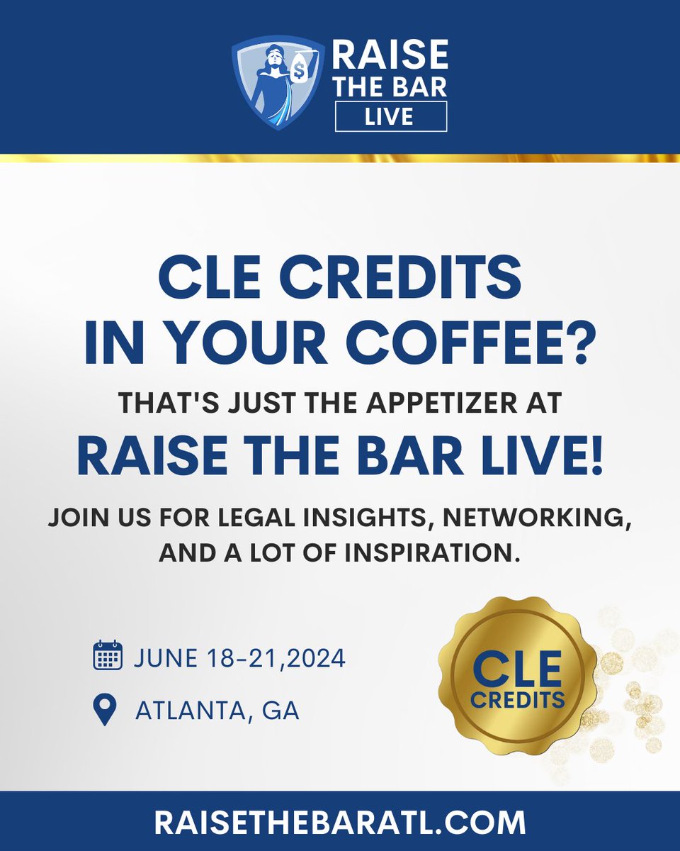 Transform your law firm and savor the taste of success with CLE credits as just the appetizer! ☕ Join us at Raise The Bar LIVE for a holistic approach to legal excellence! raisethebaratl.com 

#RaiseTheBar #LegalSuccess #LegalEntrepreneur #LegalCommunity #Lawyer #Event