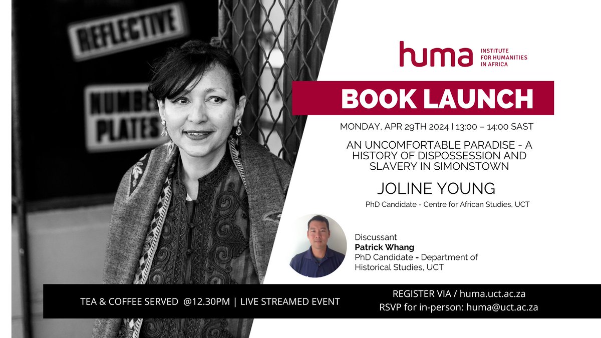 Join us for #HumaBookLaunch | 𝐌𝐨𝐧 𝟐𝟗𝐭𝐡 𝐀𝐩𝐫 | with 𝐉𝐨𝐥𝐢𝐧𝐞 𝐘𝐨𝐮𝐧𝐠 | Huma Seminar Room, 4th Floor, Humanities Building. ⏰ 𝟏𝟑:𝟎𝟎 𝐏𝐌 𝐒𝐀𝐒𝐓 In person? RSVP to 𝐡𝐮𝐦𝐚@𝐮𝐜𝐭.𝐚𝐜.𝐳𝐚