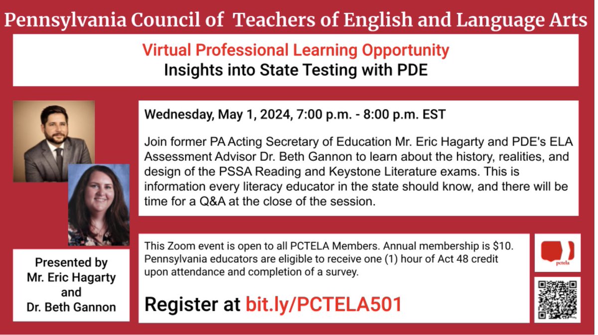 We are one week away from our virtual learning opportunity with Eric Hagarty and Beth Gannon. Have you registered? This virtual event is free for PCTELA members! @pde #virtualpd #pctela #PAProudEducators

bit.ly/PCTELA501