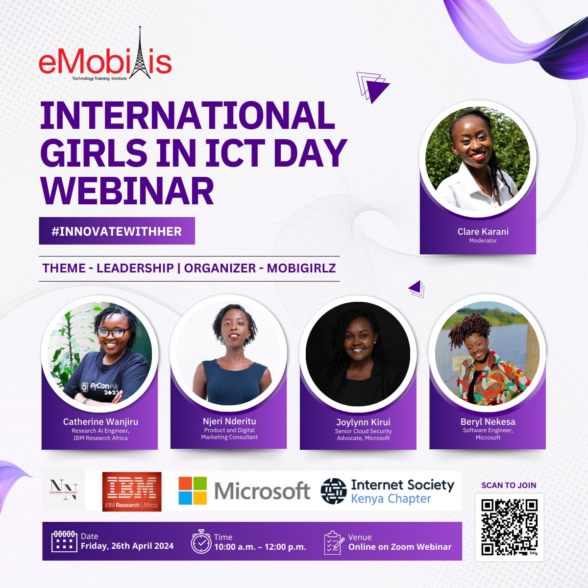 @ISOC_Kenya and @eMobilis invite you to participate in the zoom webinar on the celebration of International Girls in ICT Day on Friday, 26th April 2024 from 10:00 a.m. to 12:00 p.m. Register here: rb.gy/4efnb8. @internetsociety @ISOC_Foundation @ICANN