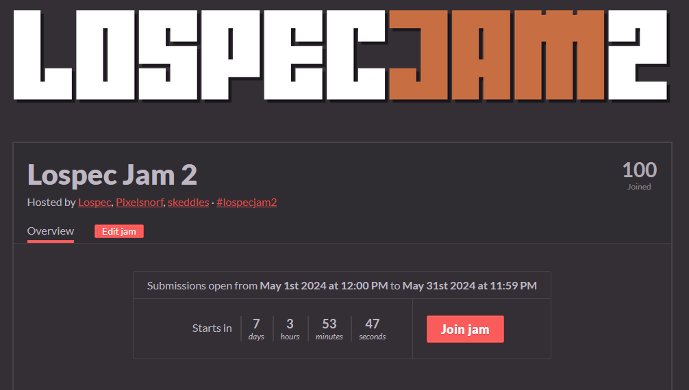 #LospecJam2 has officially reached 100 participants, with just over 1 week left until it begins! We're so excited! 🥳