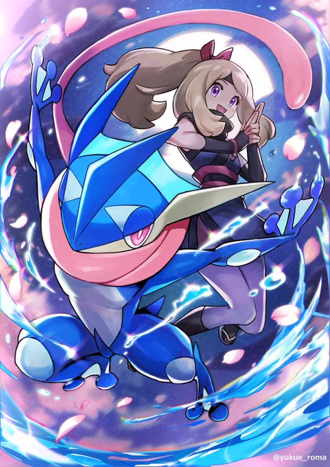 夜桜とゲッコウガと忍者なセレナさん 知人からのリクエストで描かせていただきました #ポケモンファンアート #ゲッコウガ #セレナ