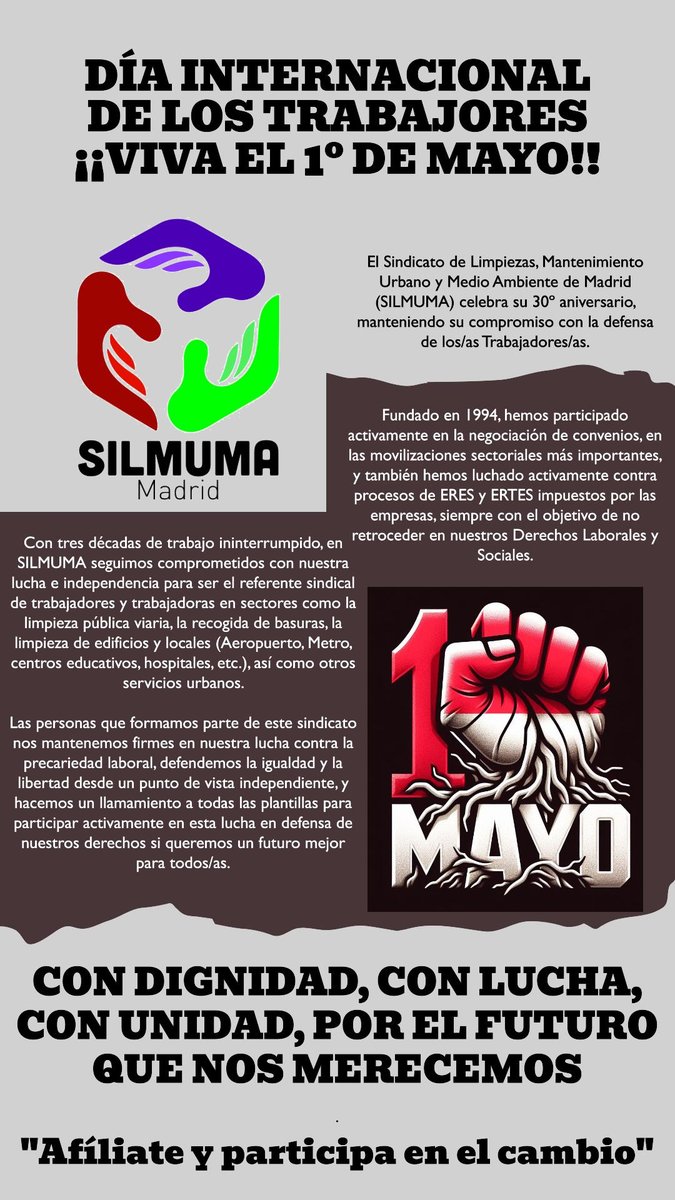 silmuma's tweet photo. #1Mayo #DiaDelTrabajo #DiaDelTrabajador #DiaInternacionaldelosTrabajadores #1deMayo2024 #1MayoALasCalles Viva el 1º de Mayo . Salgamos a las calles a reivindicar nuestros derechos como clase trabajadora. Con dignidad, con lucha, con unidad . ¡¡Por el futuro que nos merecemos!! https://t.co/IJGEqO1CUf
