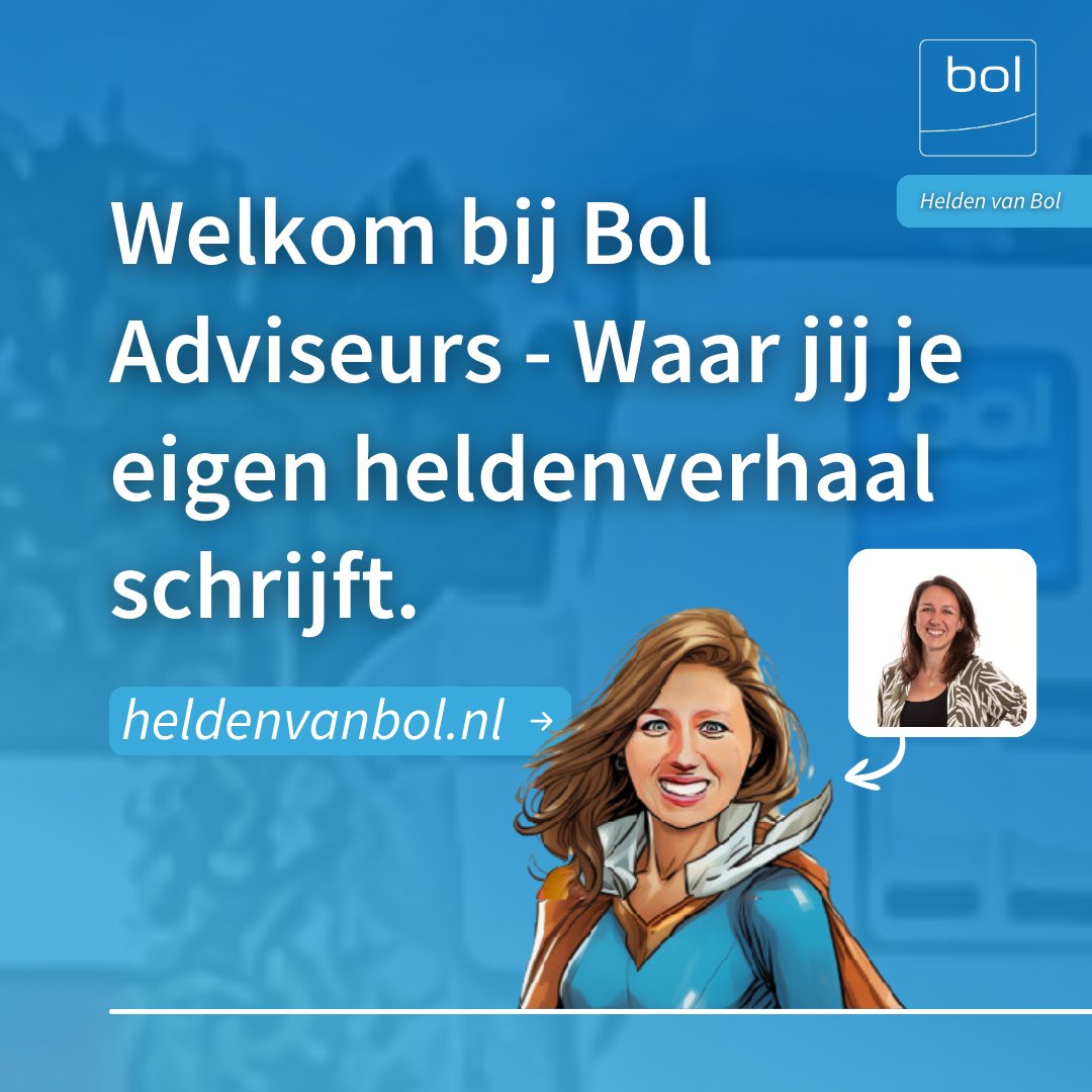 Bij Bol Adviseurs sta jij centraal. Iedereen heeft een verhaal te vertellen. Wij nodigen jou uit om deel uit te maken van ons superheldenteam en jezelf te ontdekken als een held van Bol 🤩. Bekijk hubs.ly/Q02swxB00 voor meer informatie.

#BolAdviseurs #HeldenVanBol
