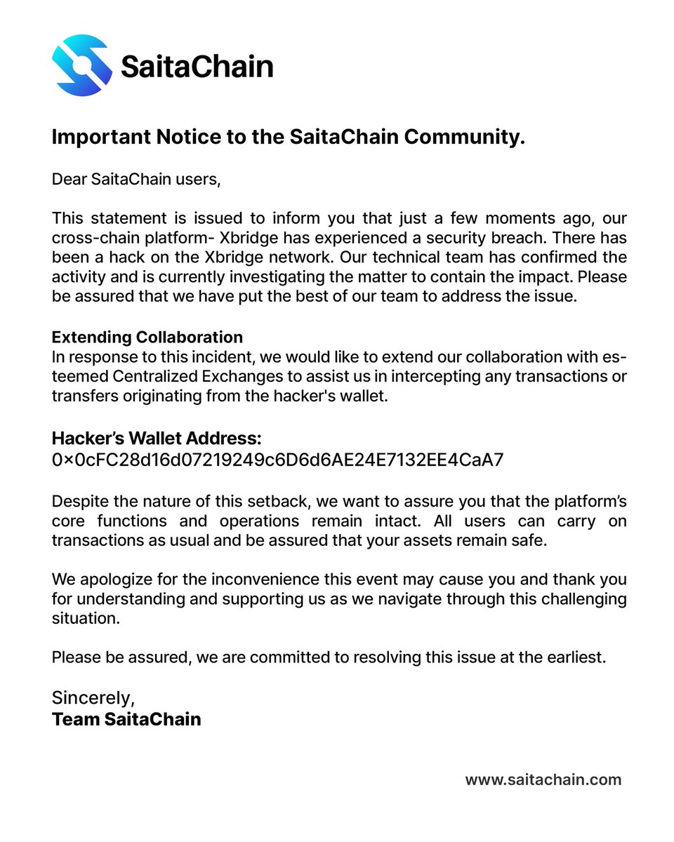 Important notice to the SaitaChain community 🚨