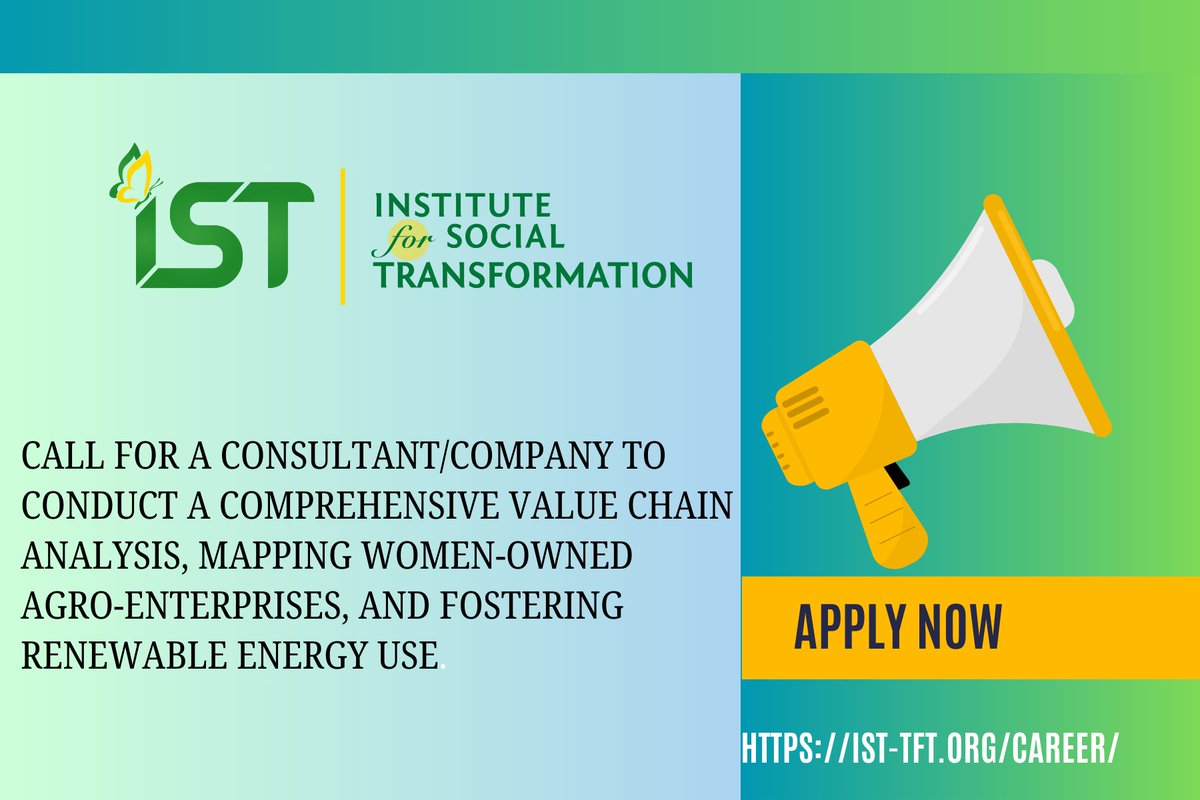 📢Call for a Consultant/Company to conduct a comprehensive value chain analysis, mapping women-owned agro-enterprises, and fostering renewable energy use. Follow the link below for details on how to apply ist-tft.org/career/ @TheWIPCentre @NapeUg @unwomenuganda