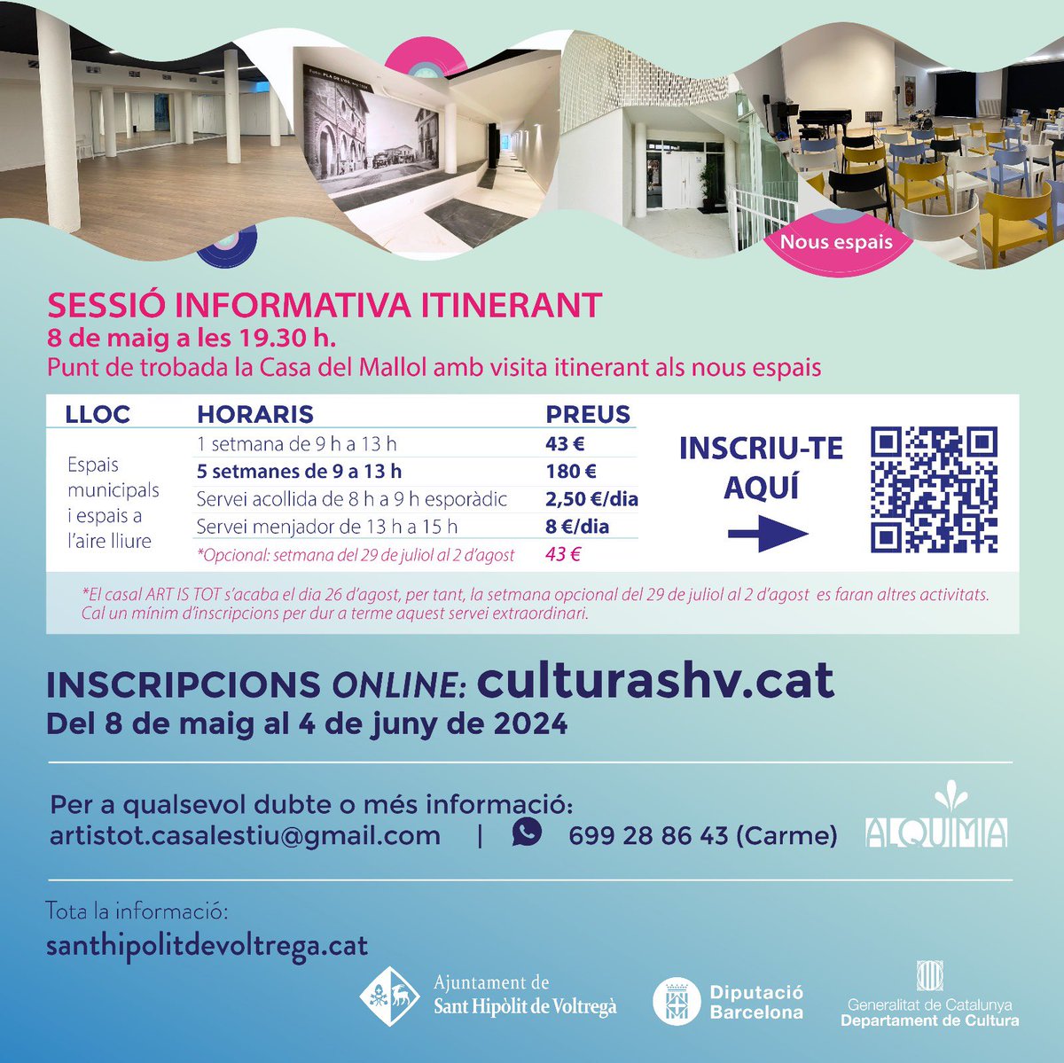ajSantHipolit's tweet photo. 🤩 Ja podeu consultar la informació i preus del Casal ART IS TOT! 
DEL 25 DE JUNY AL 26 DE JULIOL*

💕 El casal de les arts i la cultura que fan poble! 

🙋🏼‍♀️ SESSIÓ INFORMATIVA ITINERANT
📅 8 de maig a les 19.30 h. 
📍Punt de trobada la Casa del Mallol amb visita als nous espais. https://t.co/BNCMtZ2heW