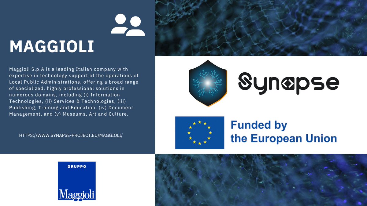 SynapseProject's tweet photo. π₯@Gruppo_Maggioli contributes to the risk assessment, and preparedness functions of #SynapseProject, and also leads the Dissemination, Exploitation, Standardisation & Sustainability tasks of the project aiming at maximizing its impact and optimal uptake of its results. https://t.co/jD36QFOK51