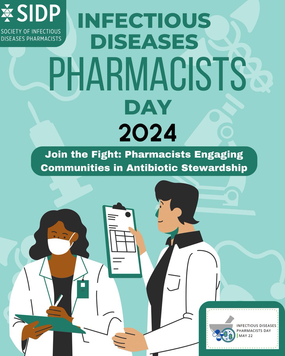 SIDPharm's tweet photo. Don’t miss the 4th Annual ID Pharmacists Day on May 22nd! This year's theme is "Join the Fight: Pharmacists Engaging Communities in Antibiotic Stewardship.”  Please join the X storm on 5/22 from 12-1PM EST using #IDPharmacistsDay, #SIDPAdvocacy, &amp; #JoinTheAMSFight to celebrate! https://t.co/CVVdikzfGh