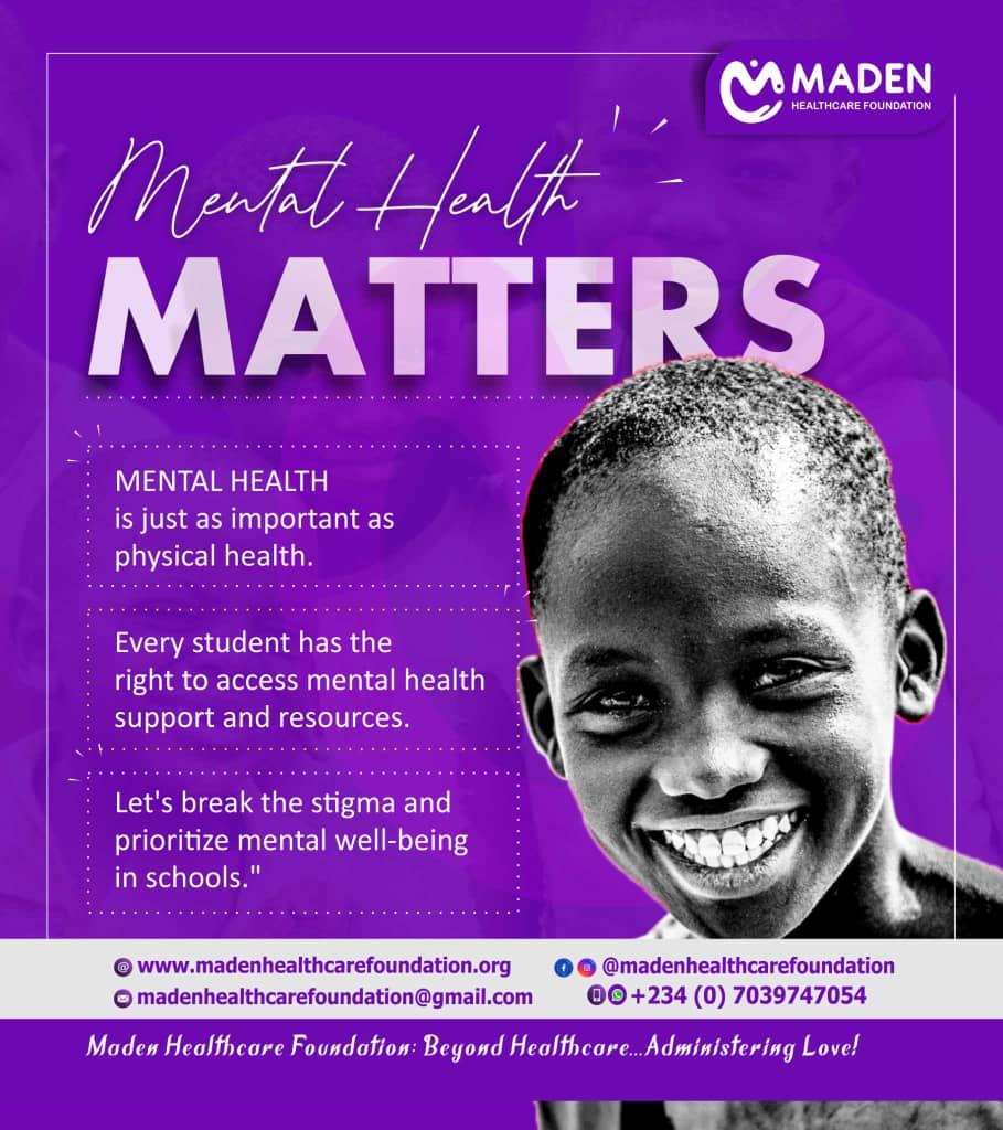 *MENTAL HEALTH MATTERS*

Mental Health is just as important as Physical Health. Every student has the right to access mental health support and resources. 

Let's break the stigma and prioritize mental well being in schools. 

#mentalhealthmatters
#madenhealthcarefoundation