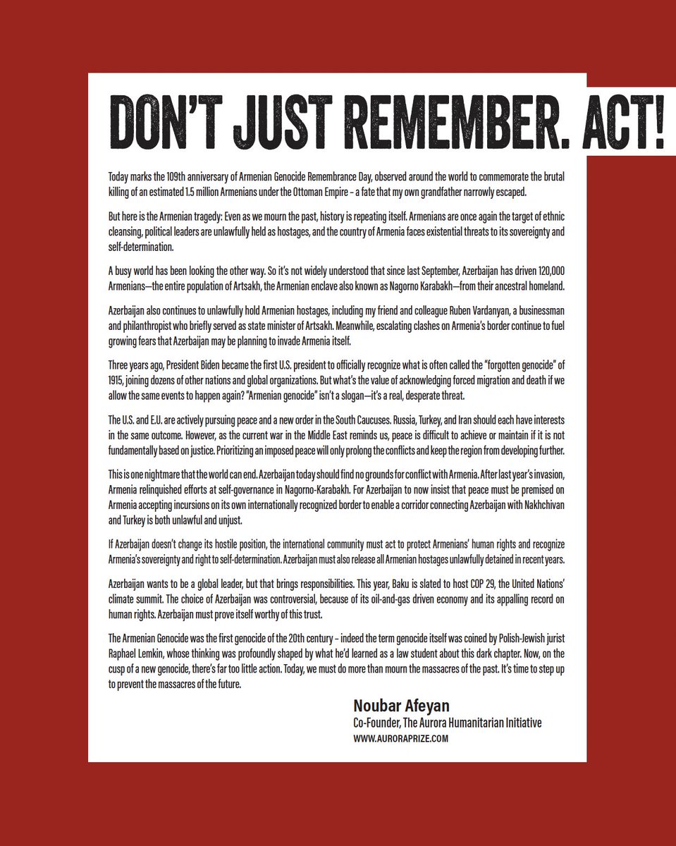Whether I was living in Beirut, Montreal or Boston, my family and I have always joined with other Armenians throughout the world in marking Armenian Genocide Remembrance Day on April 24. Today, the 109th anniversary of 1.5 million Armenians being driven from their homes and