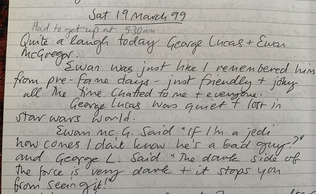 A diary entry from my movie-electrician days. Shooting a scene from #StarWars #ThePhantomMenace with Ewan Mcgregor