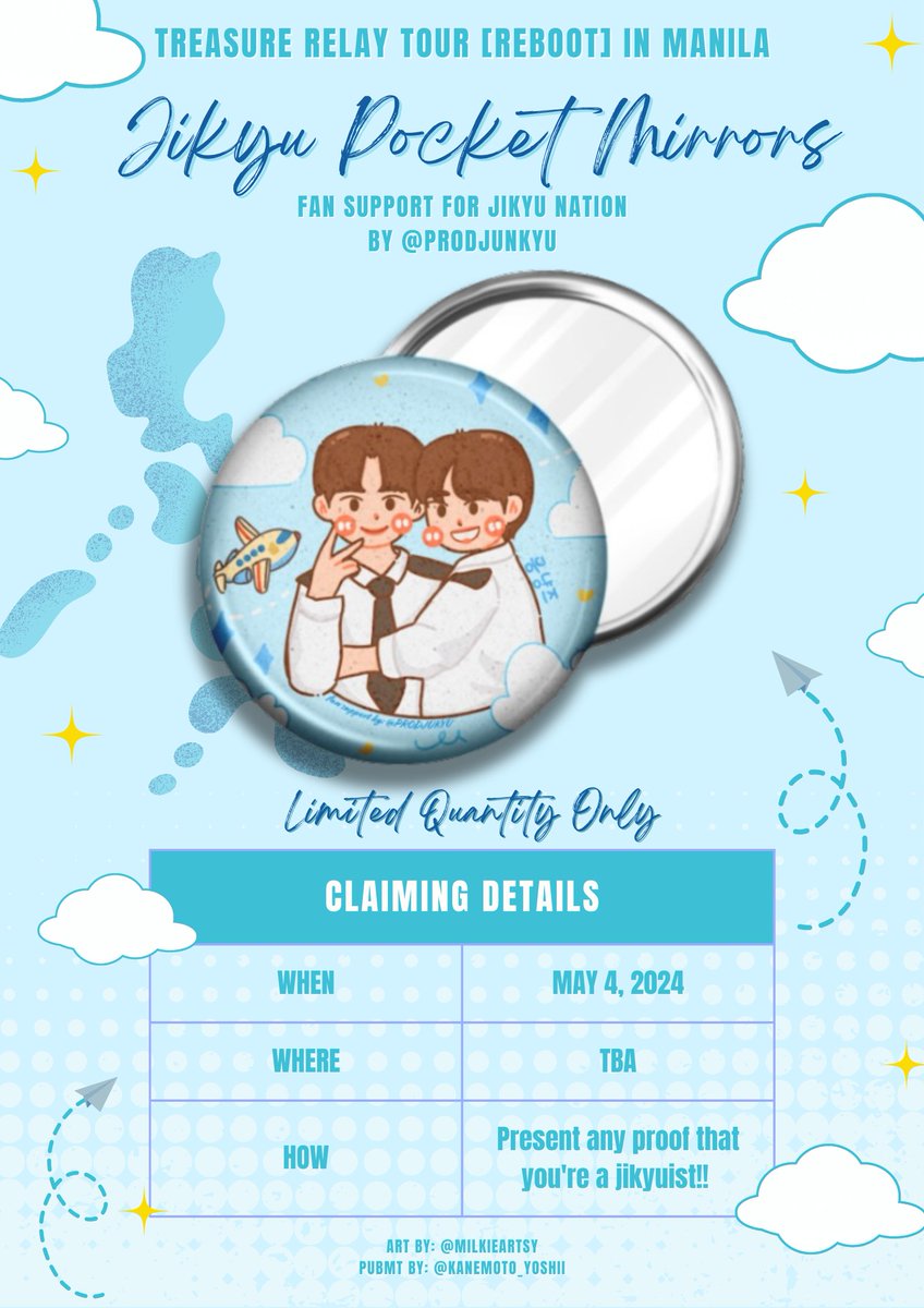 ✶⋆.˚ TREASURE RELAY TOUR [REBOOT] IN MANILA 2024 ⭑.ᐟ fan support by @PR0DJUNKYU ✰ hi, i'm giving away jikyu pocket mirrors on may 4! see you •ᴗ• ⚘. prio jikyuists ⚘. like & rt to spread ⚘. limited qty only #JUNKYU #JIHOON #믕냥즈 #준쥰 #TREASURE_REBOOT_IN_MANILA