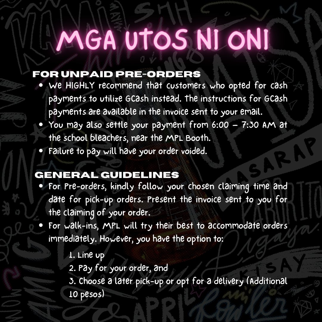 mplkisay's tweet photo. Dito sa MPL, ang nais namin ay 𝗠𝗮𝗴𝗮𝗻𝗱𝗮𝗻𝗴 𝗣𝗮𝗻𝗮𝗽𝗼𝘀 𝗟𝗮𝗺𝗮𝗻𝗴. 😇 Nagsara man ang pre-order form ay maaari niyo pa rin kaming bisitahin sa aming booth na matatagpuan malapit sa Grade 12 SHS Building. 🏫🏃🏻‍♀️ https://t.co/QX2tMlHZao