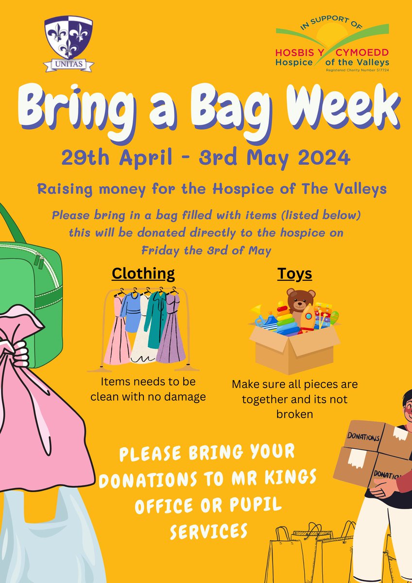 We will be fundraising for the Hospice of The Valleys. We encourage staff and students to 'bring in a bag' of clothing (clean with no damage) and or toys (all pieces together and not broken) which they would like to donate. please support in any way you can @HOTVFundraising
