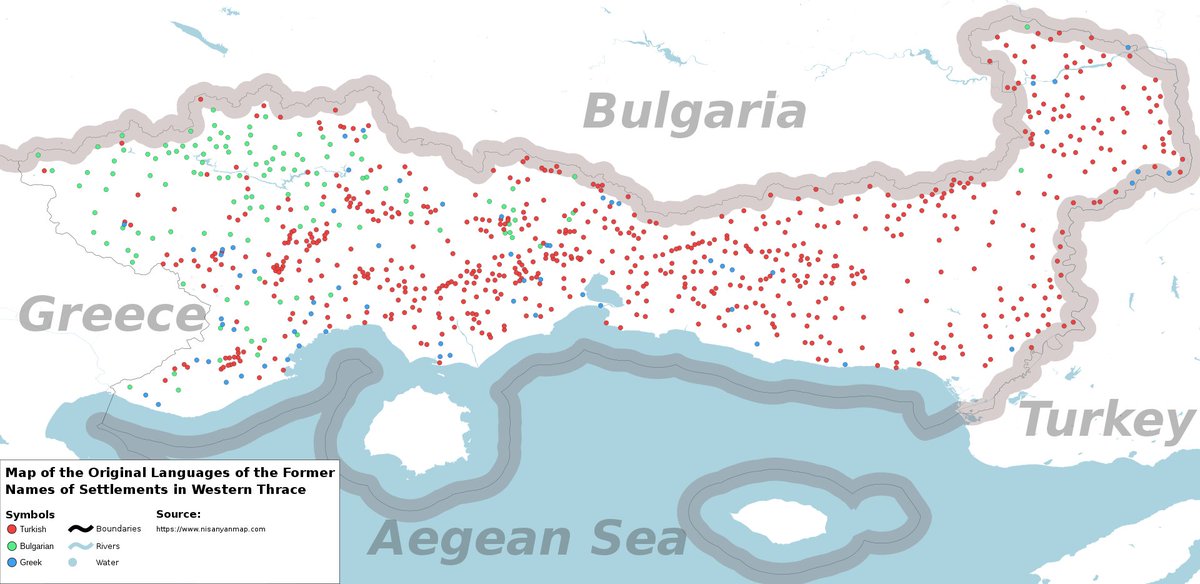 Western Thrace cities renamed by Greece. Red dots represent the original Turkish names.