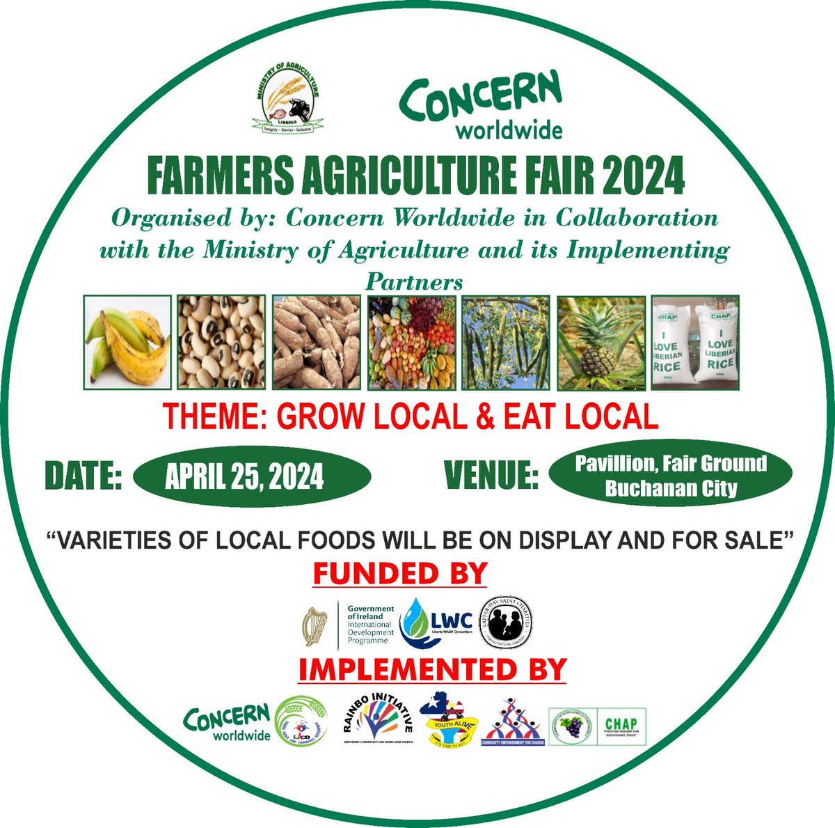 We are so excited for the Farmers Agriculture Fair 2024 tomorrow in Buchanan. @Concern are working on #foodsystems strengthening market linkages for farmers supported @Irish_Aid @irlembliberia