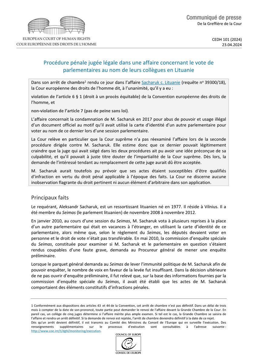 Arrêt Sacharuk c. Lituanie - Procédure pénale jugée légale dans une affaire concernant le vote de parlementaires au nom de leurs collègues en Lituanie hudoc.echr.coe.int/app/conversion… #ECHR #CEDH #ECHRpress