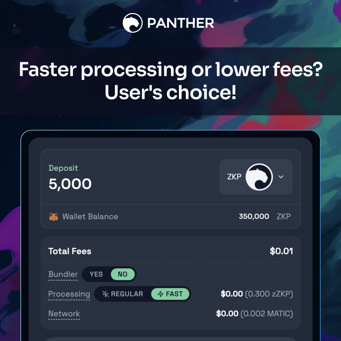 ZKPanther's tweet photo. Giving users a choice between faster processing speeds and lowered costs is one of the new features found in our testnet. 

Read about all our latest features here 👇https://t.co/clZGsLXZov #DeFi https://t.co/5C7IyuIVjJ