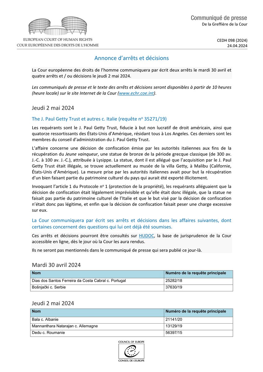 Annonce d’arrêts et décisions 30.04-02.05.2024 hudoc.echr.coe.int/app/conversion… #ECHR #CEDH #ECHRpress