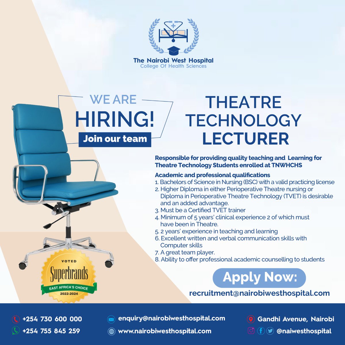 Are you passionate about contributing to healthcare? We are seeking a dedicated Theatre Technician who will play a crucial role in enhancing the quality of teaching and learning for our students. Send your application to recruitment@nairobiwesthospital.com #Vacancy #IkoKaziKE