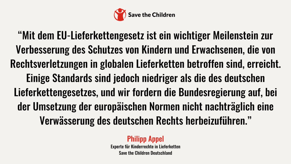 Mit dem EU-#Lieferkettengesetz werden in Zukunft verbindliche Standards zur menschenrechtlichen Sorgfaltspflicht in der EU gelten. Es ist ein Meilenstein für den Schutz von Kinderrechten – aber nicht weitreichend genug. #EUCSDDD ➡️Unser Pressestatement: savethechildren.de/fileadmin/user…