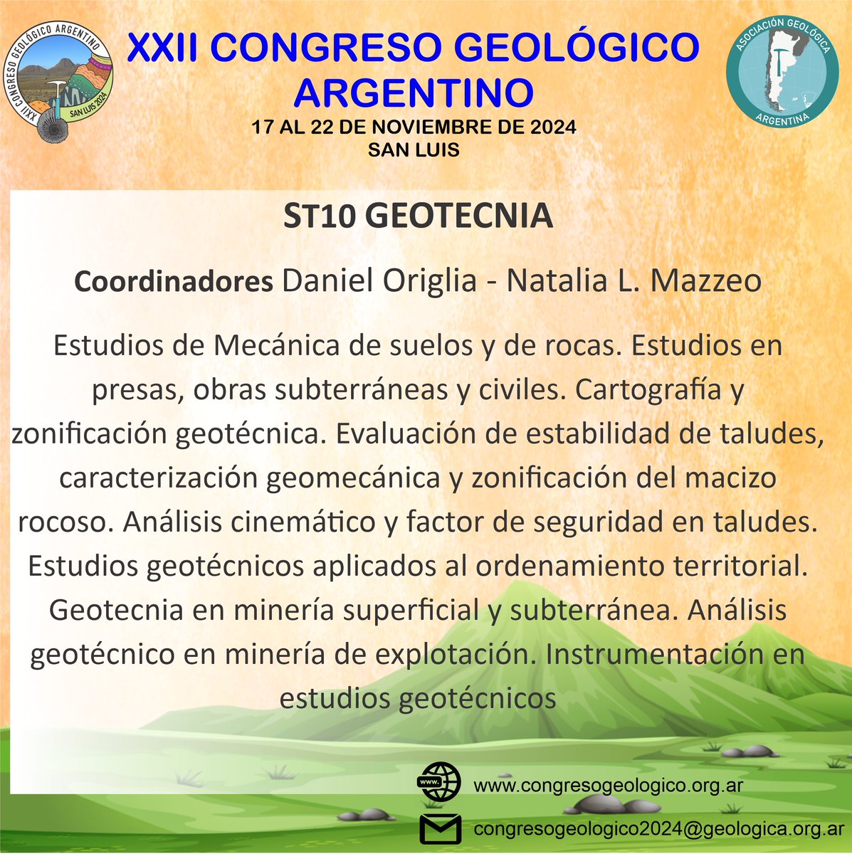 ESTIMADOS COLEGAS:  
PRESENTACIÓN DE RESÚMENES  congresogeologico.org.ar/programa.htmlYa está abierta la recepción de trabajos. Ver detalles de resúmenes a presentar en congresogeologico.org.ar/resumenes.html…… fecha límite para la recepción de trabajos  NUEVO PLAZO: 02 DE JUNIO (por única vez)