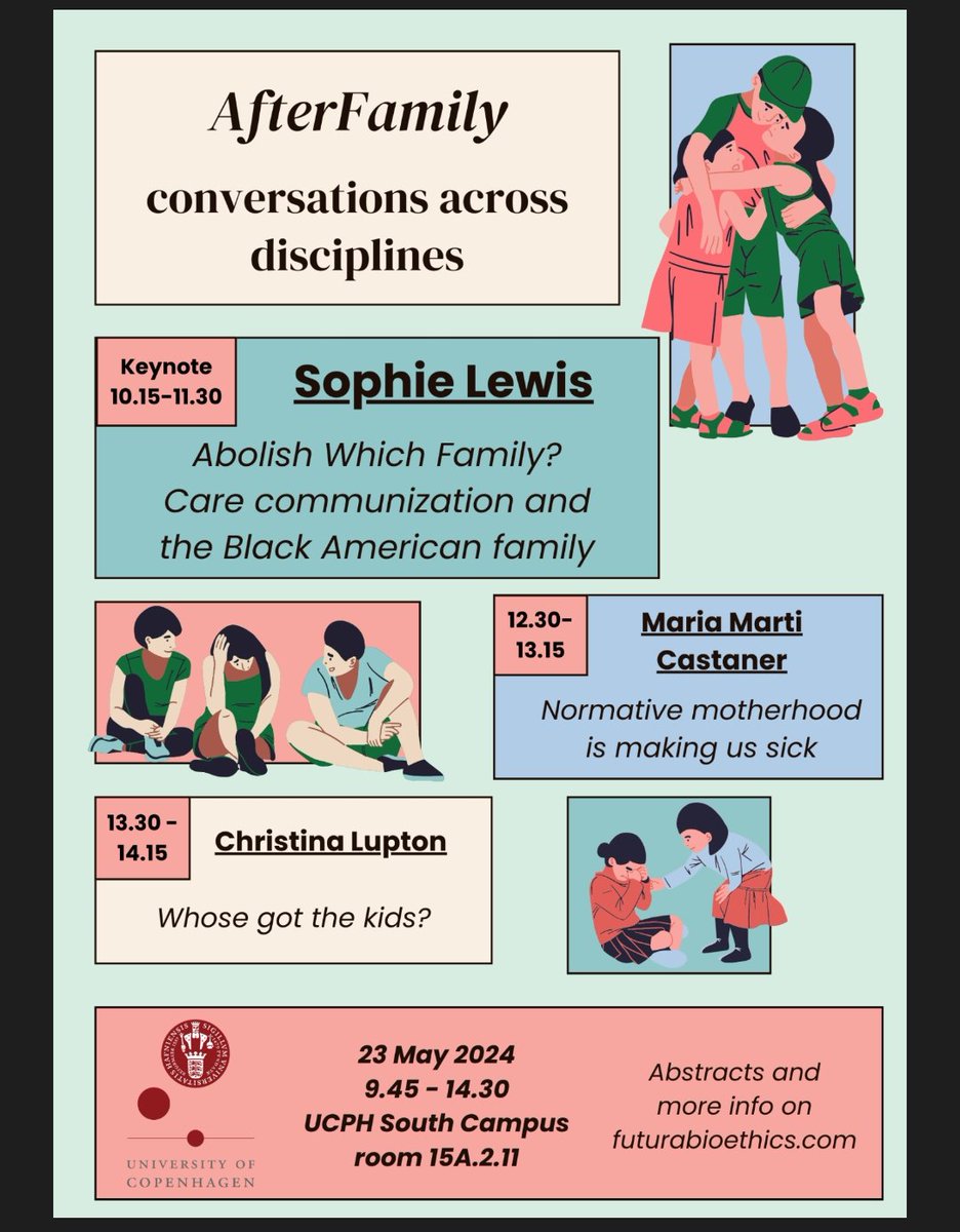 andreabidoli's tweet photo. SAVE THE DATE: on May 23rd, author and theorist ✨ Sophie Lewis ✨ (@reproutopia) will be the keynote speaker at our event AfterFamily in Copenhagen!
Join us for a discussion on #familyabolition, care communisation, and much more. All details here:
https://t.co/0L7s1njjvQ https://t.co/j5Eu7DsdqC