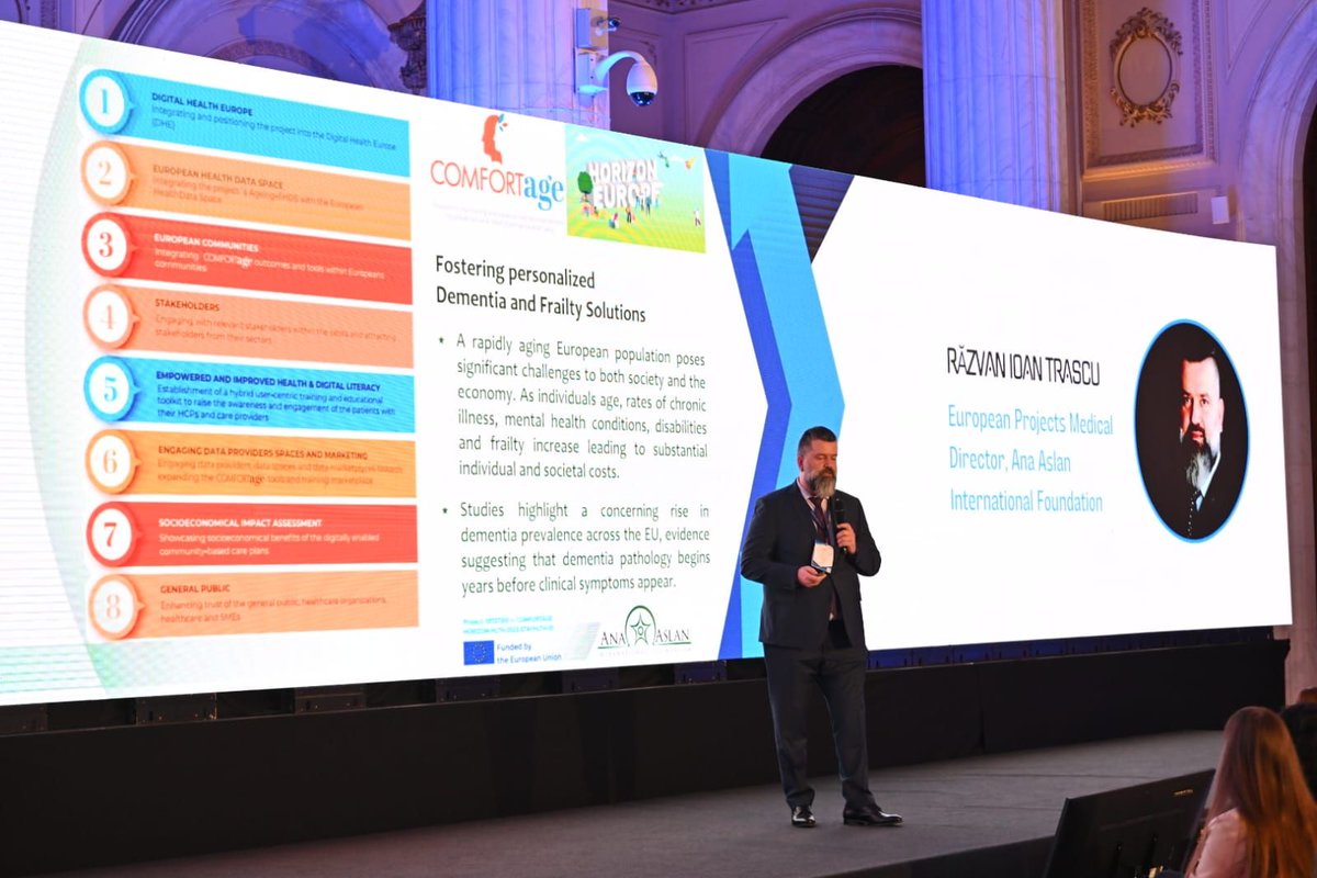 comfortage_eu's tweet photo. 🌟 Last week, our colleague Razvan Ioan Trascu from @FoundationAna showcased our #COMFORTage project at the Digital Innovation Summit Bucharest! 🚀 #DISB2024 #DigitalInnovation
📢He shared the key goals of the project and the pillars guiding our work in #dementia and #frailty💡 https://t.co/YplH4UvZd9
