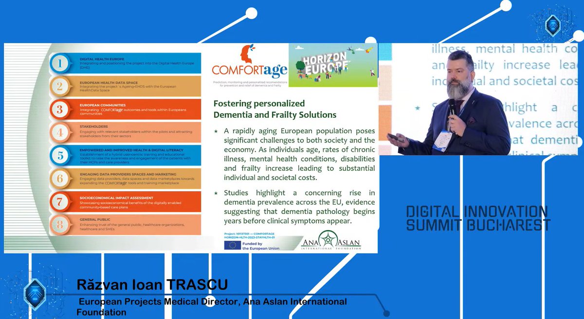 comfortage_eu's tweet photo. 🌟 Last week, our colleague Razvan Ioan Trascu from @FoundationAna showcased our #COMFORTage project at the Digital Innovation Summit Bucharest! 🚀 #DISB2024 #DigitalInnovation
📢He shared the key goals of the project and the pillars guiding our work in #dementia and #frailty💡 https://t.co/YplH4UvZd9