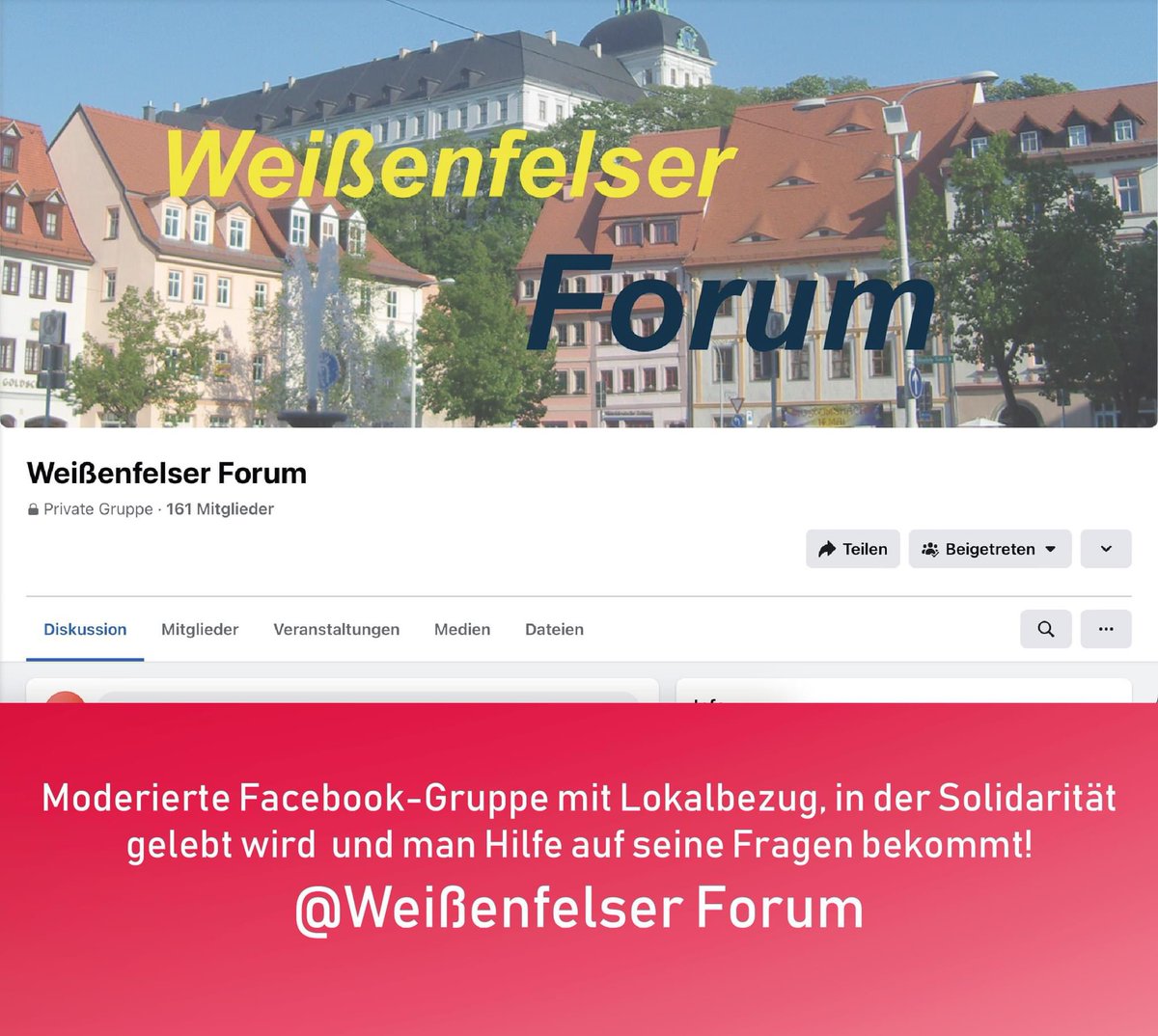 StadtRaum's tweet photo. Hallo ihr Lieben!

Wir haben heute zwei Empfehlungen für euch:
Einerseits die Telegram-Gruppe "Sharing is Caring Weißenfels“ und die Facebook-Gruppe „Weißenfelser Forum“.

Ziel ist es, die die Solidarität zu stärken!

https://t.co/S24nkL7Uq8

https://t.co/djhuGMerHe https://t.co/xLP0mGCqDi