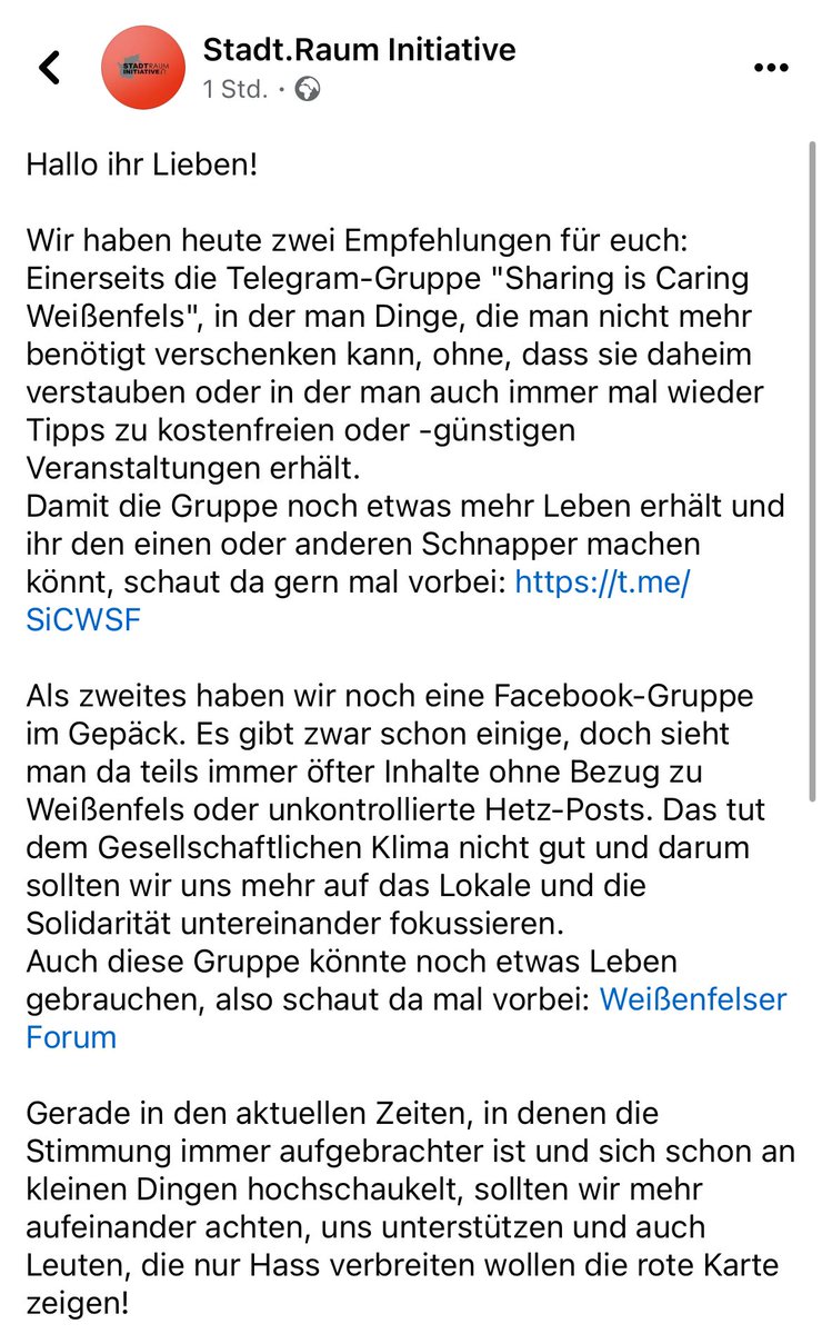 Hallo ihr Lieben!

Wir haben heute zwei Empfehlungen für euch:
Einerseits die Telegram-Gruppe "Sharing is Caring Weißenfels“ und die Facebook-Gruppe „Weißenfelser Forum“.

Ziel ist es, die die Solidarität zu stärken!

t.me/SiCWSF

facebook.com/share/fs1jtHnp…