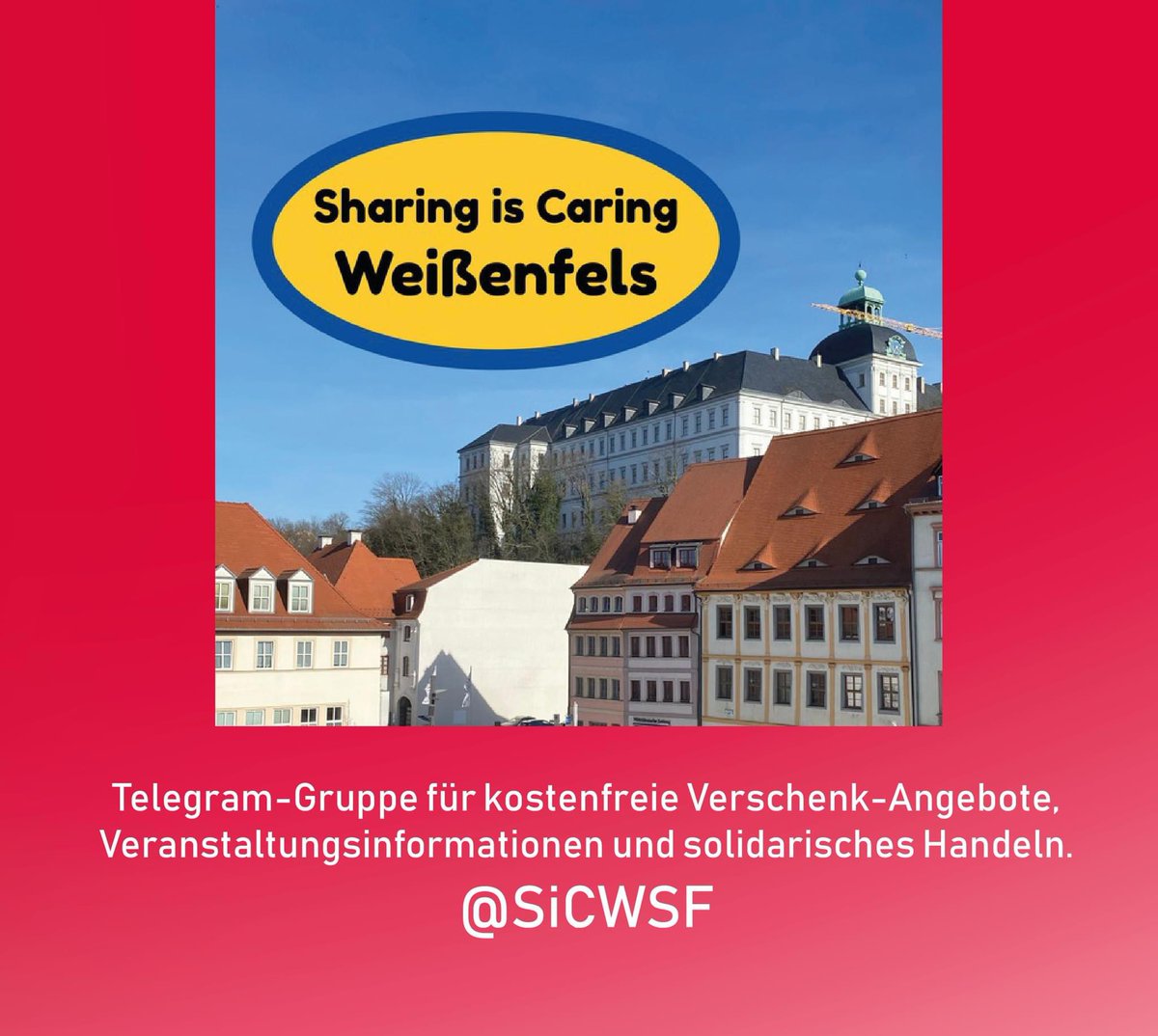 StadtRaum's tweet photo. Hallo ihr Lieben!

Wir haben heute zwei Empfehlungen für euch:
Einerseits die Telegram-Gruppe "Sharing is Caring Weißenfels“ und die Facebook-Gruppe „Weißenfelser Forum“.

Ziel ist es, die die Solidarität zu stärken!

https://t.co/S24nkL7Uq8

https://t.co/djhuGMerHe https://t.co/xLP0mGCqDi