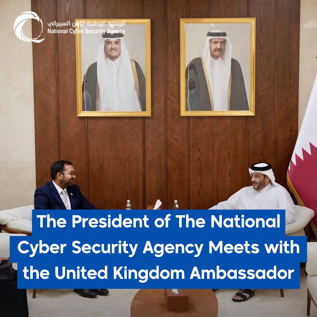 His Excellency Engineer Abdulrahman bin Ali Al Farahid Al Malki, President of the National Cyber Security Agency met today, Wednesday, April 24, 2024, with His Excellency Mr. Neerav Patel, Ambassador of the United Kingdom to the State of Qatar. During the meeting, both parties…