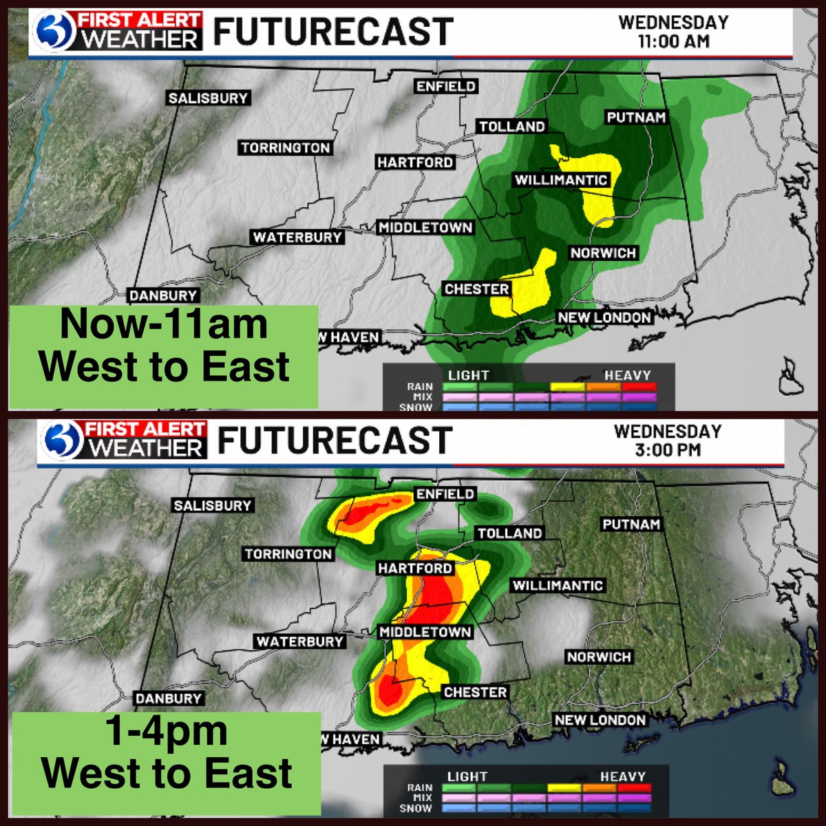 FIRST ALERT: 🟢 morning passing rain 🌧️ 🟡 afternoon passing heavier rain 🌧️ & storms 🔴 lightning ⚡️, low visibility, & 30-40 mph wind 💨 gusts @WFSBnews