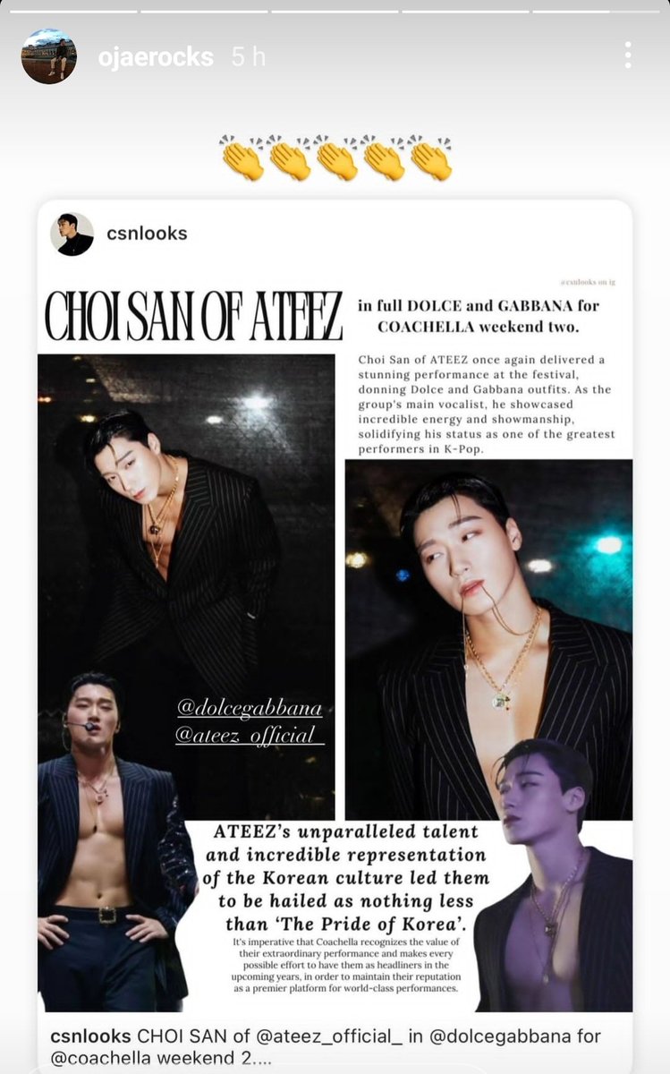 1024updates's tweet photo. [📷] Jae O (@.ojaerocks), Dolce &amp; Gabbana DG VIP and Celebrities Korea reposted a description of San’s Coachella outfit 
🔗: https://t.co/fvTxYLk6yg

#ATEEZ #에이티즈 #CHOISAN https://t.co/GgEFVG8QoE