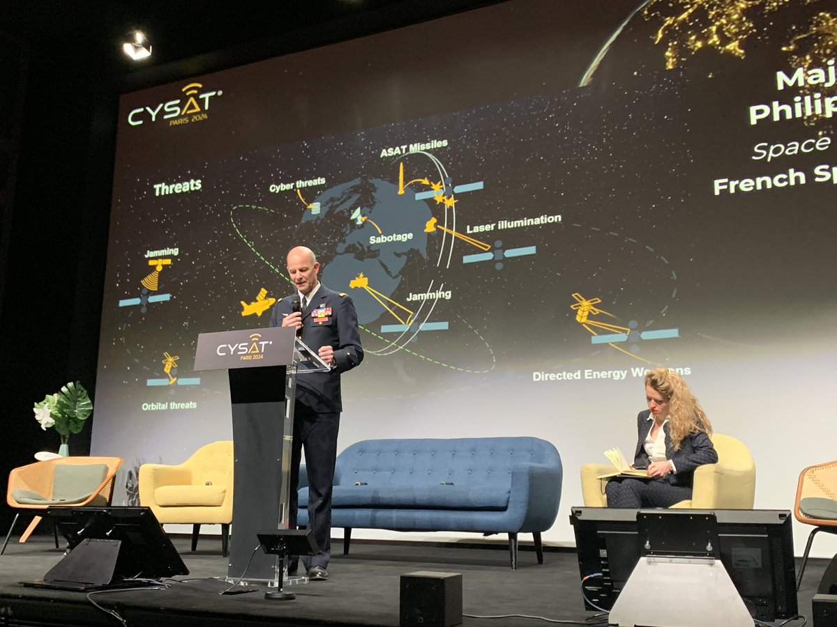 Ajmeunier's tweet photo. Parmi les menaces des capacités spatiales, « celles à énergie dirigée apparaîtront bientôt », dixit #PhilippeAdam commandant de l’espace @Armee_de_lair #defense #Cysat2024 #Lachroniquespatiale https://t.co/mOM9SY6OFN